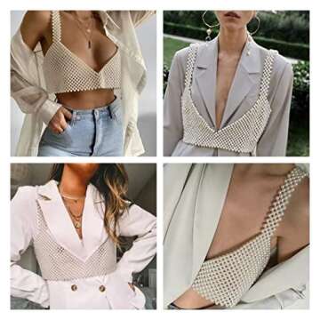 Aiosy Pearls Body Chain Bra Women Beaded Tank Tops Vest Crop Top Sexy Sleeveless Cover Ups Chest Cha...