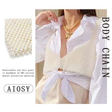 Aiosy Pearls Body Chain Bra Women Beaded Tank Tops Vest Crop Top Sexy Sleeveless Cover Ups Chest Chains Handmade Rave Body Jewelry Festival Party