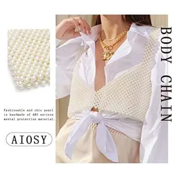 Aiosy Pearls Body Chain Bra Women Beaded Tank Tops Vest Crop Top Sexy Sleeveless Cover Ups Chest Chains Handmade Rave Body Jewelry Festival Party