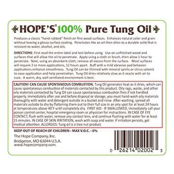 Hope's 100% Pure Tung Oil - Premium Waterproof Natural Wood Finish for Home Projects, 32 Fl Oz