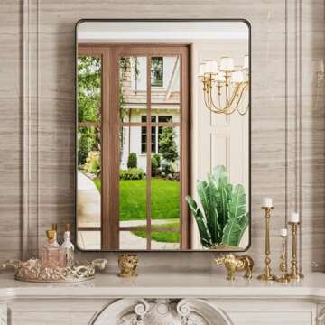 JISOSO Black Bathroom Mirror, 24x32 Inch Thick Rectangle Metal Framed Wall Mirror, Modern Round Corn...