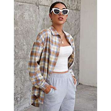 MakeMeChic Women's Plaid Shirts Oversized Flannels Shacket Jacket Multi Camel Large
