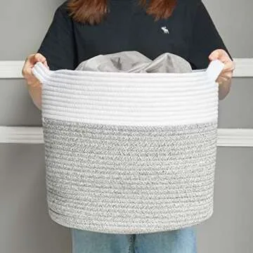 HITSLAM Woven Laundry Basket Storage Bin: 15"x15"x14" Decorative Rope Basket with Handle for Blankets Toys as Clothes Hamper-Toy Organizer-Room Organization | White & Gray-Large