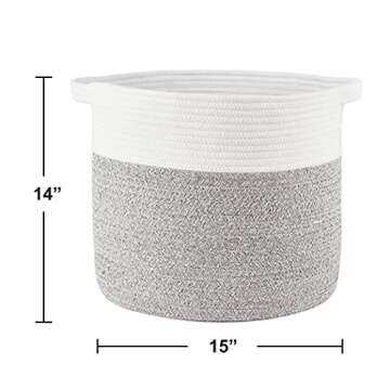 HITSLAM Woven Laundry Basket Storage Bin: 15"x15"x14" Decorative Rope Basket with Handle for Blankets Toys as Clothes Hamper-Toy Organizer-Room Organization | White & Gray-Large