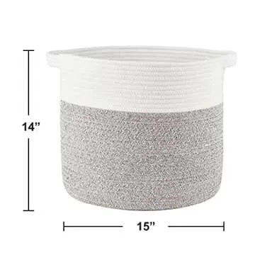 HITSLAM Woven Laundry Basket Storage Bin: 15"x15"x14" Decorative Rope Basket with Handle for Blankets Toys as Clothes Hamper-Toy Organizer-Room Organization | White & Gray-Large
