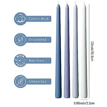 Viyffo 12 Inch Blue Taper Candles Set of 4 Unscented Smokeless Long Tall Tapered Candles for Candlesticks Sticks Wedding Home Decor Dinner