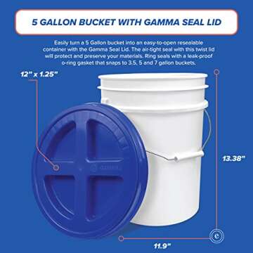 5 Gallon White Bucket with White Gamma Seal Screw on Airtight Lid (3 Count), Food Grade Storage, Pre...