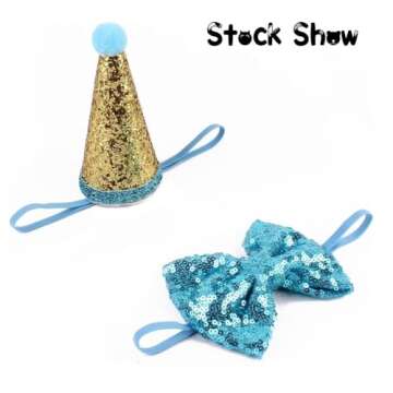 Stock Show Pet Cute Birthday Party Cone Hat and Bow tie Collar Set with Adjustable Headband and Pom-poms Topper for Small Medium Dogs Cats Pets, Blue