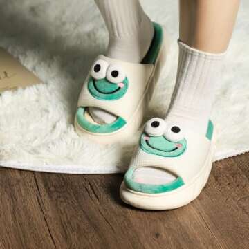 Gaolinci Cartoon Animal Shape Slippers, Womens Four Seasons Home Linen Slippers (Frog-US 6.5-7.5)