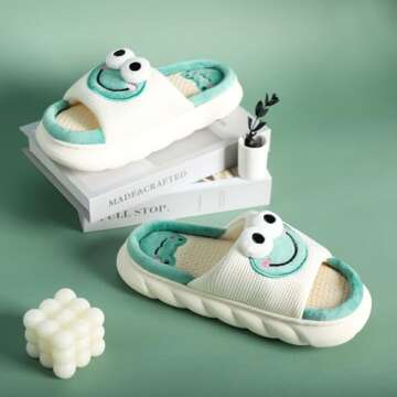 Gaolinci Cartoon Animal Shape Slippers, Womens Four Seasons Home Linen Slippers (Frog-US 6.5-7.5)