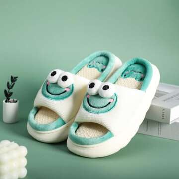 Gaolinci Cartoon Animal Shape Slippers, Womens Four Seasons Home Linen Slippers (Frog-US 6.5-7.5)