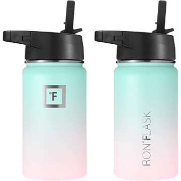 IRON °FLASK Camping & Hiking Hydration Flask with 3 Lids - Stainless Steel, Double Walled & Vacuum Insulated Water Bottle - Leak Proof & BPA Free (Bubble Gum, Straw - 14 oz)