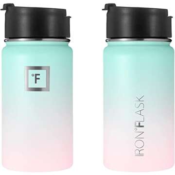 IRON °FLASK Camping & Hiking Hydration Flask with 3 Lids - Stainless Steel, Double Walled & Vacuum Insulated Water Bottle - Leak Proof & BPA Free (Bubble Gum, Straw - 14 oz)