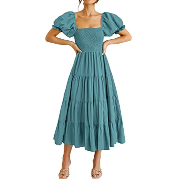 ANRABESS Women's Casual 2024 Summer Fashion Midi Dress Puff Short Sleeve Square Neck Smocked Tiered Boho Beach Dresses Lake-L