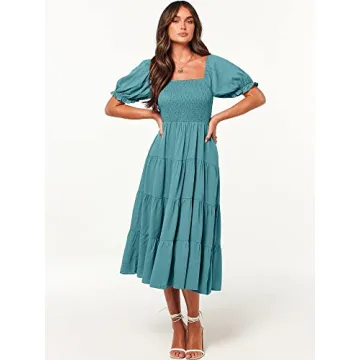ANRABESS Women's Casual 2024 Summer Fashion Midi Dress Puff Short Sleeve Square Neck Smocked Tiered Boho Beach Dresses Lake-L