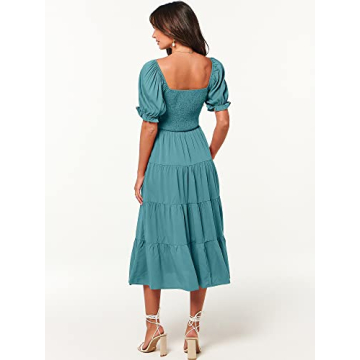ANRABESS Women's Casual 2024 Summer Fashion Midi Dress Puff Short Sleeve Square Neck Smocked Tiered Boho Beach Dresses Lake-L