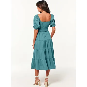 ANRABESS Women's Casual 2024 Summer Fashion Midi Dress Puff Short Sleeve Square Neck Smocked Tiered Boho Beach Dresses Lake-L