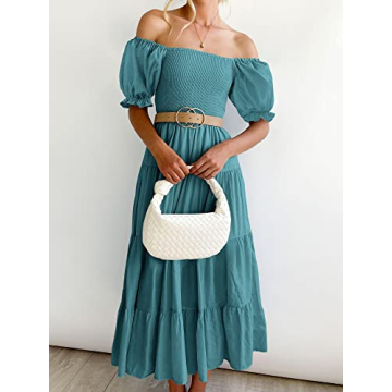 ANRABESS Women's Casual 2024 Summer Fashion Midi Dress Puff Short Sleeve Square Neck Smocked Tiered Boho Beach Dresses Lake-L
