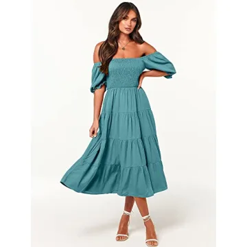 ANRABESS Women's Casual 2024 Summer Fashion Midi Dress Puff Short Sleeve Square Neck Smocked Tiered Boho Beach Dresses Lake-L