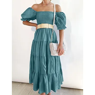 ANRABESS Women's Casual 2024 Summer Fashion Midi Dress Puff Short Sleeve Square Neck Smocked Tiered Boho Beach Dresses Lake-L