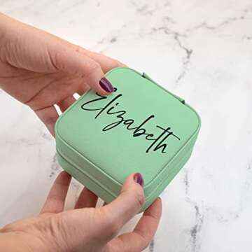 Personalized Leather Jewelry Box with Name, Custom Engraved Jewelry Organizer Case - Adjustable Compartments Jewelry Travel Case, Personalized Gifts for Women, Gifts for Mom, Her, Wife, Teal