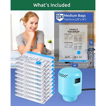 Vacuum Storage Bags with Electric Pump, 10 Pack Medium Size（28"x 18"） Reusable Compression Space...