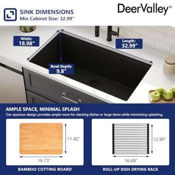 DeerValley 33 Inch Black Undermount Kitchen Sink, Granite Composite Single Bowl Kitchen Sink with In...