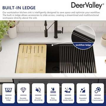 DeerValley 33 Inch Black Undermount Kitchen Sink, Granite Composite Single Bowl Kitchen Sink with Integrated Ledge, Matte Black Quartz Workstation Sink for Kitchen with Accessories
