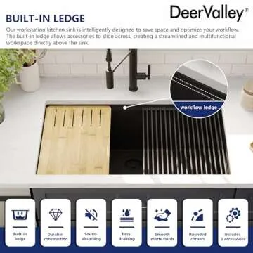 DeerValley 33 Inch Black Undermount Kitchen Sink, Granite Composite Single Bowl Kitchen Sink with Integrated Ledge, Matte Black Quartz Workstation Sink for Kitchen with Accessories