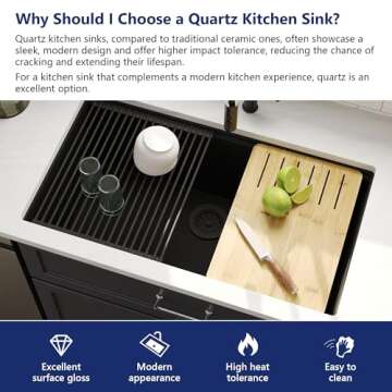 DeerValley 33 Inch Black Undermount Kitchen Sink, Granite Composite Single Bowl Kitchen Sink with Integrated Ledge, Matte Black Quartz Workstation Sink for Kitchen with Accessories