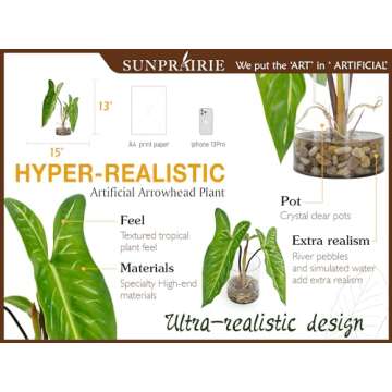 SUNPRAIRIE Realistic Faux Plant in Clear Pot with Artificial Water, Narrow Arrowhead Leaves. Artificial Plants Indoor and Outdoor