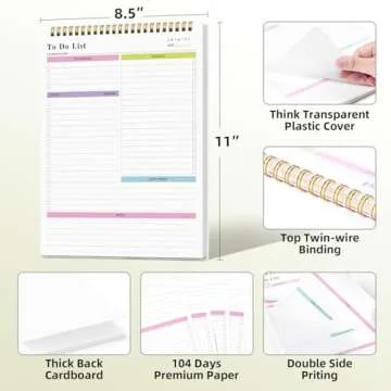 To Do List Notepad Undated, Daily To Do List Notebook (8.5"x 11") Spiral Daily Task Hourly Schedule Planning Pad with Checklist Suitable for Office, Home and School 104 Pages