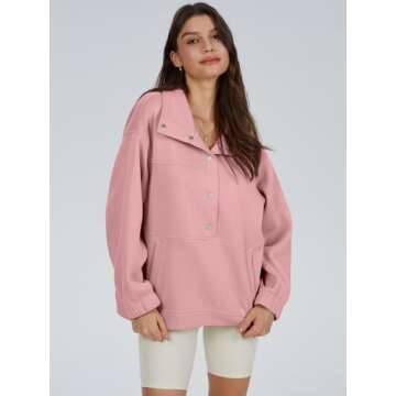 DEEP SELF Oversized Sweatshirts Women Casual Button V Neck Lightweight Long Sleeve Pullover Sweatshirts for Women With Pockets Pink