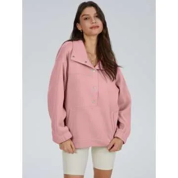 DEEP SELF Oversized Sweatshirts Women Casual Button V Neck Lightweight Long Sleeve Pullover Sweatshirts for Women With Pockets Pink