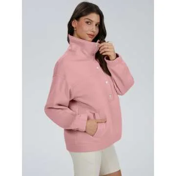 DEEP SELF Oversized Sweatshirts Women Casual Button V Neck Lightweight Long Sleeve Pullover Sweatshirts for Women With Pockets Pink