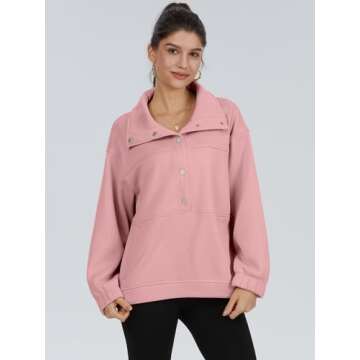DEEP SELF Oversized Sweatshirts Women Casual Button V Neck Lightweight Long Sleeve Pullover Sweatshirts for Women With Pockets Pink