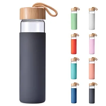 Yomious 20 Oz Borosilicate Glass Water Bottle with Bamboo Lid and Silicone Sleeve – Reusable BPA F...