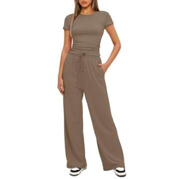 Darong Women's Two Piece Outfits Lounge Sets Ruched Short Sleeve Pullover Tops and High Waisted Pants Tracksuit Sets 9042A Khaki XS