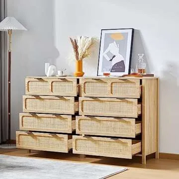 QEIUZON 4 Drawer Dresser, Modern Rattan Dresser Chest with Wide Drawers and Metal Handles, Farmhouse Wood Storage Chest of Drawers for Bedroom, Living Room, Hallway, Entryway (Natural-2 Packs)