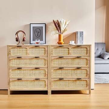 QEIUZON 4 Drawer Dresser, Modern Rattan Dresser Chest with Wide Drawers and Metal Handles, Farmhouse Wood Storage Chest of Drawers for Bedroom, Living Room, Hallway, Entryway (Natural-2 Packs)
