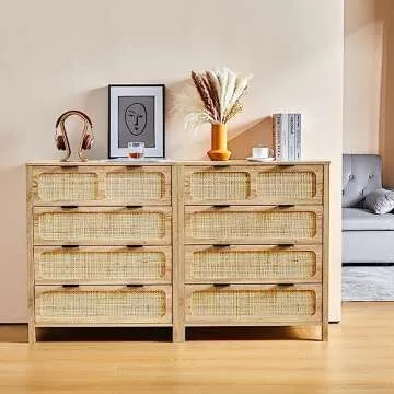 QEIUZON 4 Drawer Dresser, Modern Rattan Dresser Chest with Wide Drawers and Metal Handles, Farmhouse Wood Storage Chest of Drawers for Bedroom, Living Room, Hallway, Entryway (Natural-2 Packs)
