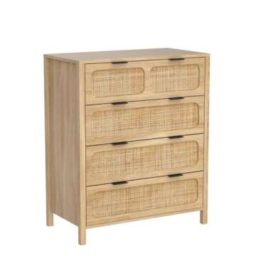 QEIUZON 4 Drawer Dresser, Modern Rattan Dresser Chest with Wide Drawers and Metal Handles, Farmhouse Wood Storage Chest of Drawers for Bedroom, Living Room, Hallway, Entryway (Natural-2 Packs)
