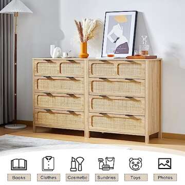 QEIUZON 4 Drawer Dresser, Modern Rattan Dresser Chest with Wide Drawers and Metal Handles, Farmhouse Wood Storage Chest of Drawers for Bedroom, Living Room, Hallway, Entryway (Natural-2 Packs)