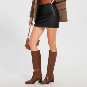 wetkiss Womens Knee High Boots Wide Calf High Knee Boots Brown Riding Boots Mid Low Chunky Heel Boots Slip on Brown Long Boots Tall Boots PU Leather Boots, Size 9