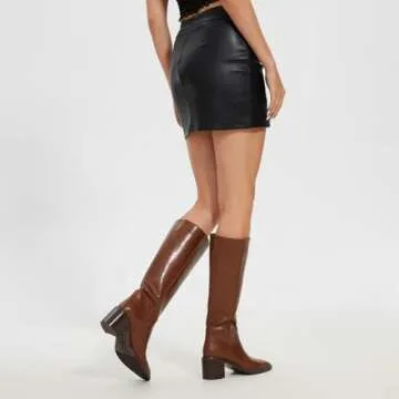 wetkiss Womens Knee High Boots Wide Calf High Knee Boots Brown Riding Boots Mid Low Chunky Heel Boots Slip on Brown Long Boots Tall Boots PU Leather Boots, Size 9