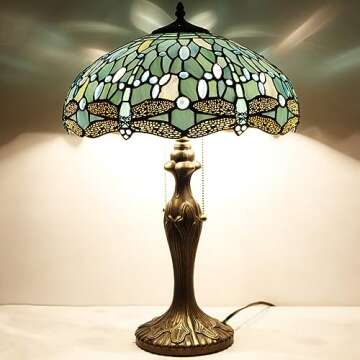 WERFACTORY Tiffany Lamp Sea Blue Stained Glass Bedside Table Lamp Dragonfly Style Desk Reading Light Metal Base 16X16X24 Inches Decor Bedroom Living Room Home Office S147 Series