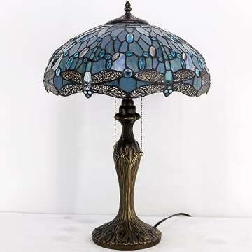 WERFACTORY Tiffany Lamp Sea Blue Stained Glass Bedside Table Lamp Dragonfly Style Desk Reading Light Metal Base 16X16X24 Inches Decor Bedroom Living Room Home Office S147 Series