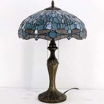 WERFACTORY Tiffany Lamp Sea Blue Stained Glass Bedside Table Lamp Dragonfly Style Desk Reading Light Metal Base 16X16X24 Inches Decor Bedroom Living Room Home Office S147 Series