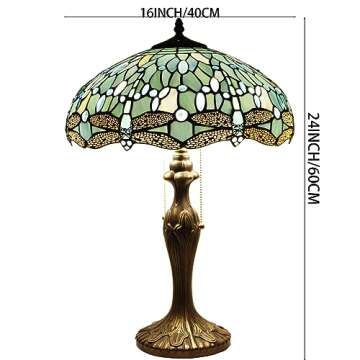 WERFACTORY Tiffany Lamp Sea Blue Stained Glass Bedside Table Lamp Dragonfly Style Desk Reading Light Metal Base 16X16X24 Inches Decor Bedroom Living Room Home Office S147 Series