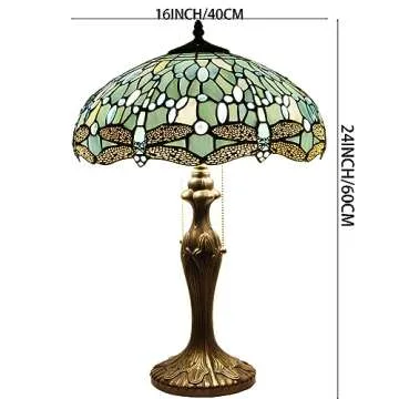 WERFACTORY Tiffany Lamp Sea Blue Stained Glass Bedside Table Lamp Dragonfly Style Desk Reading Light Metal Base 16X16X24 Inches Decor Bedroom Living Room Home Office S147 Series
